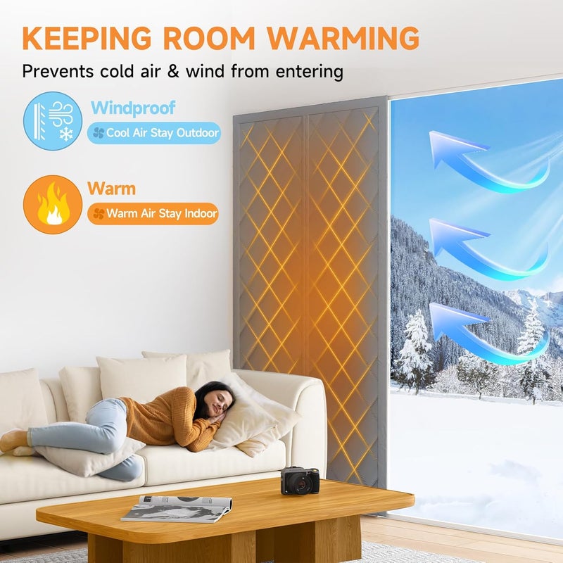 Esteh Magnetic Thermal Insulated Door Curtain for Winter Fits Door Size 36" x 96", Temporary Thermal Door Cover for Cold with Thickened Cotton, Window Insulation Kit for Sliding Glass Doorways - Gray - Image 2